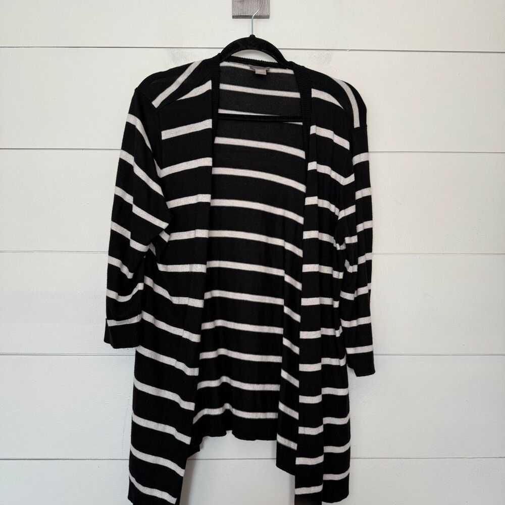 Chico’s Women’s 3 Black White Striped Open Cardigan 3/4 Sleeve